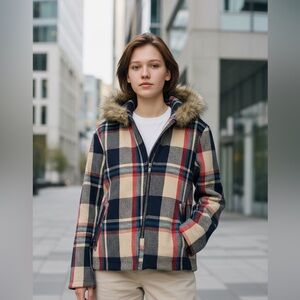 Altar’d State Plaid Women’s Jacket with Faux Fur‎ Hood